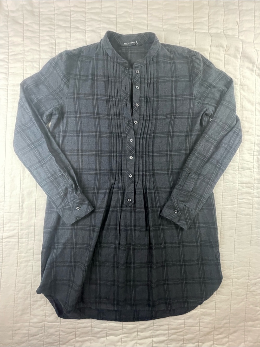 Zara Dark Blue Black Flannel Plaid Button-Down Tunic Shirt Dress Small